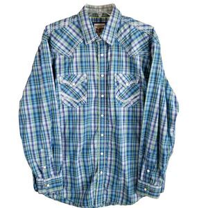 Panhandle Mens Large Shirt Rough Stock Pearl Snap Blue Plaid Long Sleeve Western